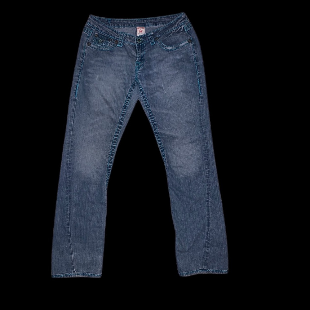 VINTAGE WOMENS LIGHT BLUE LOW RISE BELL BOTTOM TRUE RELIGIONS